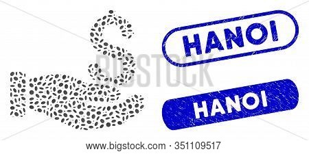 Mosaic Earnings Hand And Rubber Stamp Seals With Hanoi Caption. Mosaic Vector Earnings Hand Is Compo