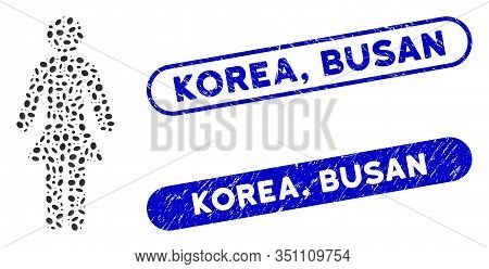 Mosaic Lady And Distressed Stamp Seals With Korea, Busan Caption. Mosaic Vector Lady Is Formed With 