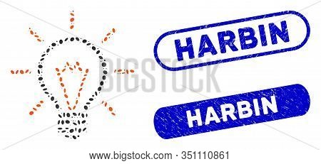 Mosaic Electric Light And Corroded Stamp Seals With Harbin Text. Mosaic Vector Electric Light Is Des