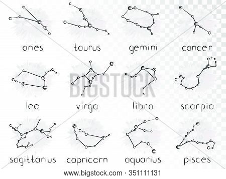 Vector Set Of Zodiac Constellations. Horoscope Collection: Aries, Calf, Gemini, Cancer, Leo, Virgo, 