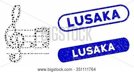 Mosaic Musical Notation And Corroded Stamp Seals With Lusaka Caption. Mosaic Vector Musical Notation