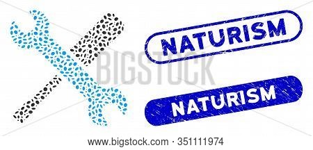 Mosaic Tools And Distressed Stamp Seals With Naturism Caption. Mosaic Vector Tools Is Composed With 