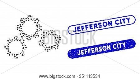 Mosaic Gears And Distressed Stamp Seals With Jefferson City Phrase. Mosaic Vector Gears Is Created W