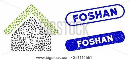 Mosaic Cattle Farm And Rubber Stamp Seals With Foshan Caption. Mosaic Vector Cattle Farm Is Created 