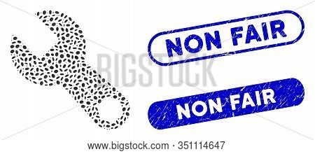 Mosaic Wrench And Distressed Stamp Watermarks With Non Fair Text. Mosaic Vector Wrench Is Formed Wit