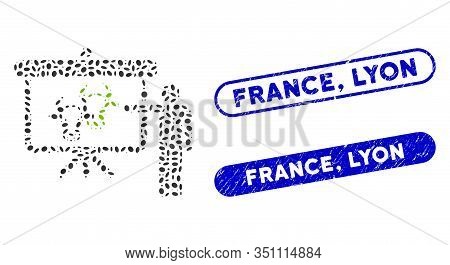 Mosaic Cattle Public Report And Rubber Stamp Seals With France, Lyon Phrase. Mosaic Vector Cattle Pu