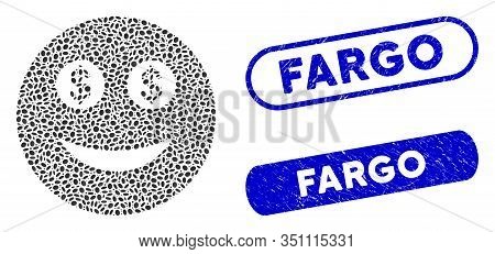 Mosaic Business Smiley And Grunge Stamp Seals With Fargo Phrase. Mosaic Vector Business Smiley Is Fo