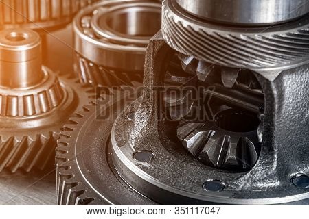 Set Of Various Engine And Gearbox Spare Parts. Shiny Gears For Planetary Gearbox.metal  Autotechnolo