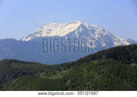 view on Tahtali Dagi mountain from famous tourist way Likya Yolu in Turkey