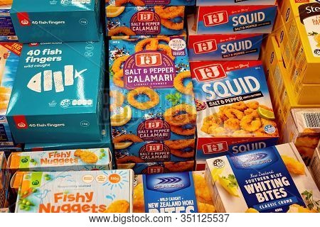 Walkerston, Queensland, Australia - February 2020: Frozen Packaged Fish Fillets For Sale In Woolwort