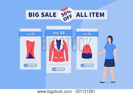Bigsale Package Concept With Woman Choose Best Product With Modern Flat Style Vector