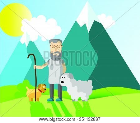 Elderly Male Shepherd Walks With A Dog And Sheep In A Mountain Meadow On A Sunny Day In A Flat Style