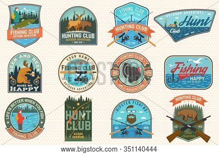 Set Of Fishing And Hunting Club Patches. Vector Concept For Shirt, Print, Stamp, Patch. Patches With