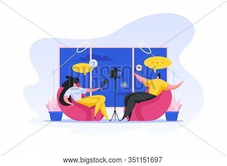 Interview Shooting For Video Blog. Flat Cartoon People Vector Illustration