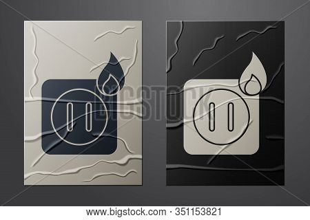White Electric Wiring Of Socket In Fire Icon Isolated On Crumpled Paper Background. Electrical Safet