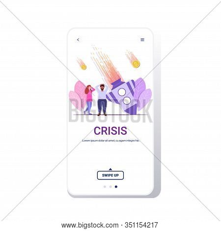Sad Businesspeople Standing Near Fallen Rocket Startup Failure Crash Project Financial Crisis Bankru