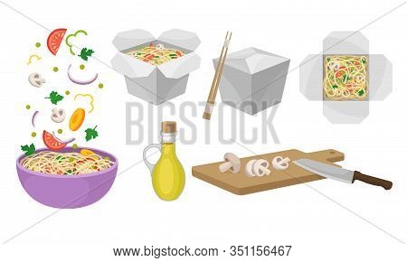 Asian Wok Udon Noodles In Paper Box And In Ceramic Bowl With Sliced Vegetable Ingredients Floating A