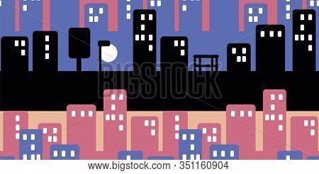 Evening Cityscape Seamless Vector Pattern In Black Blue And Pink. Urban Surface Print Design. Great 