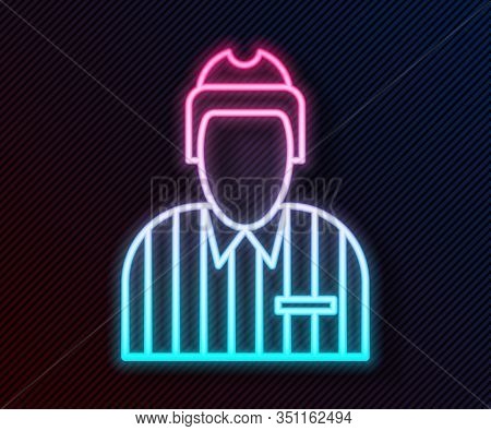Glowing Neon Line Hockey Judge, Referee, Arbiter Icon Isolated On Black Background. Vector Illustrat