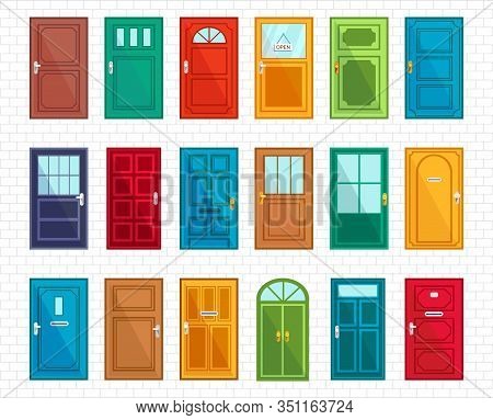 Set Of Different Doors On Simple Brickwall