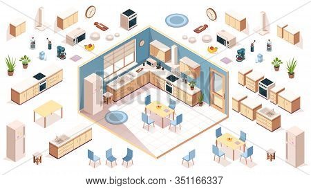 Kitchen Elements For Room Design. Constructor Elements Of Kitchenware Utensil, Appliance, Items. Iso
