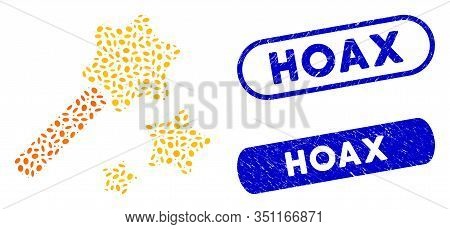 Mosaic Magic Wand And Grunge Stamp Seals With Hoax Phrase. Mosaic Vector Magic Wand Is Created With 