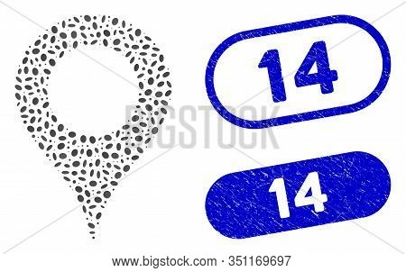 Mosaic Map Marker And Distressed Stamp Seals With 14 Phrase. Mosaic Vector Map Marker Is Created Wit