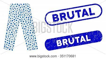 Collage Jeans And Distressed Stamp Seals With Brutal Phrase. Mosaic Vector Jeans Is Formed With Rand