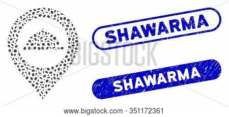 Collage Meal Marker And Corroded Stamp Seals With Shawarma Phrase. Mosaic Vector Meal Marker Is Desi