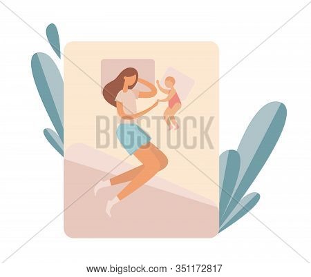 Mother With Baby Resting On Bed. Flat Vector Illustration