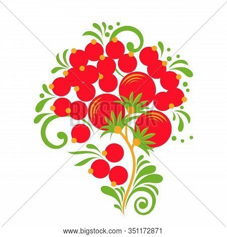 Hohloma Vector Decor Element With Berries And Leaves Isolated On White Background.