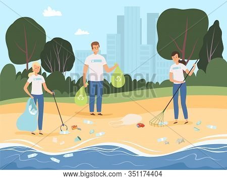 Volunteers Working. People Social Work Together Team Of Characters Protect Nature Garbage Processing