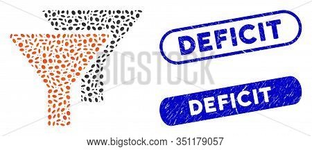 Mosaic Filters And Grunge Stamp Seals With Deficit Text. Mosaic Vector Filters Is Created With Rando