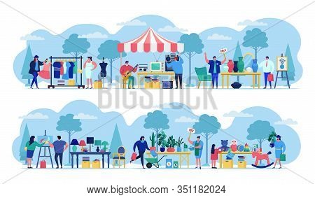 Flea Market With People Selling Old Secondhand Stuffs At Market Fair Shops Flat Vector Illustration.