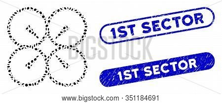Mosaic Nanocopter And Grunge Stamp Seals With 1st Sector Phrase. Mosaic Vector Nanocopter Is Compose
