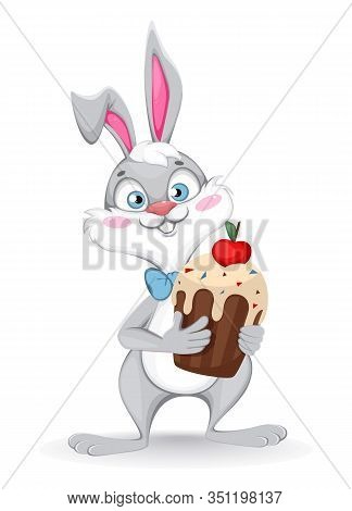 Happy Easter Greeting Card. Funny Cartoon Rabbit Holds Easter Cake. Stock Vector Illustration