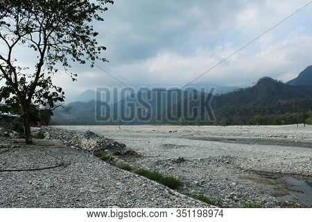 Beautiful view of mountain blue sky and dry river from a long distance