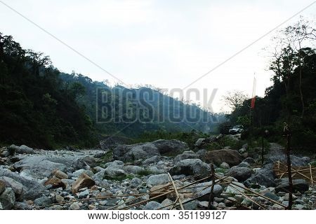 Beautiful seaneario of mountain and stoney beach