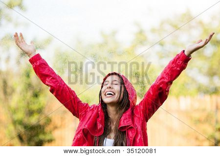 Mulher em capa de chuva com chuva