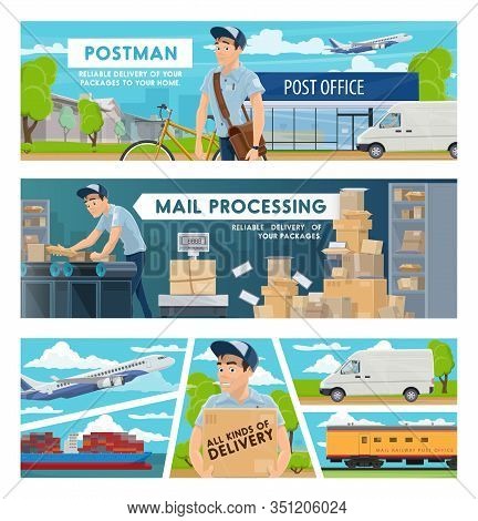 Mail Delivery, Post Office And Postal Transportation Services Vector Design. Postmen With Parcel Box