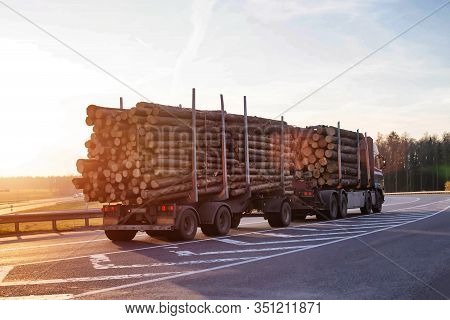 A Timber Truck Carries Logs Along The Road Against The Backdrop Of A Sunny Sunset. Wood Export And I