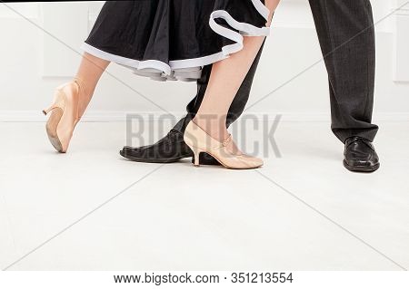Partner Dance. Male And Female Ballroom, Standard, Sport Dance, Latin And Salsa Couple Dancers Feet