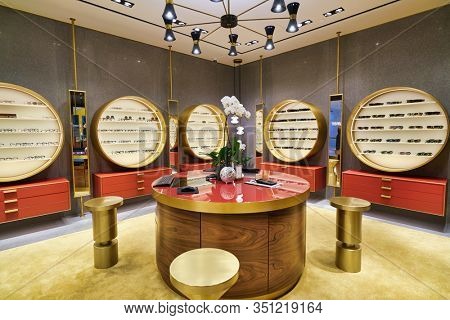 HONG KONG, CHINA - JANUARY 22, 2019: interior shot of Oliver Peoples store in Hong Kong. Oliver Peoples is an American luxury eyewear brand.