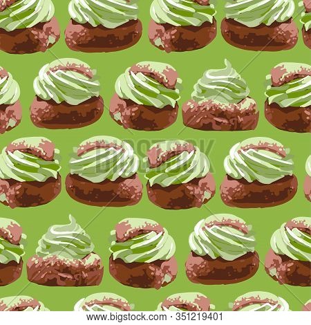 Semla. Traditional Swedish Dessert With Whipped Matcha Cream.