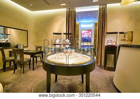 HONG KONG, CHINA - JANUARY 22, 2019: interior shot of Wellendorff store at ifc mall in Hong Kong. Wellendorff is a family-owned German manufacturer of jewellery.