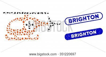 Collage Medical Helicopter And Grunge Stamp Seals With Brighton Text. Mosaic Vector Medical Helicopt