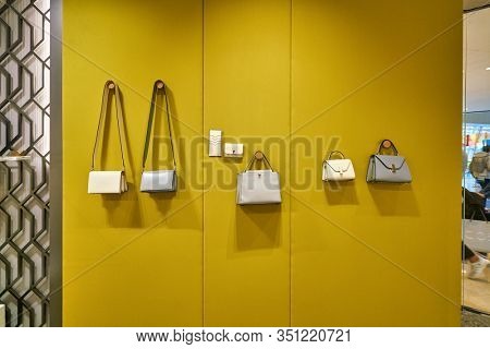 HONG KONG, CHINA - JANUARY 22, 2019: bags on display at Valextra store at ifc mall in Hong Kong. Valextra is a brand of luxury leather goods and accessories based in Milan, Italy.