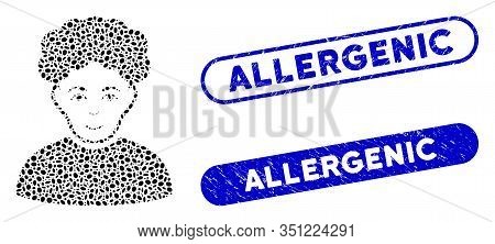Mosaic Brunet Man And Distressed Stamp Watermarks With Allergenic Caption. Mosaic Vector Brunet Man 