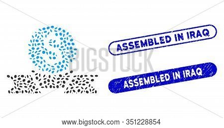 Collage Banking Award And Distressed Stamp Seals With Assembled In Iraq Caption. Mosaic Vector Banki
