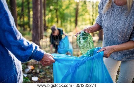 Senior Women Friends Picking Up Litter Outdoors In Forest, A Plogging Concept.